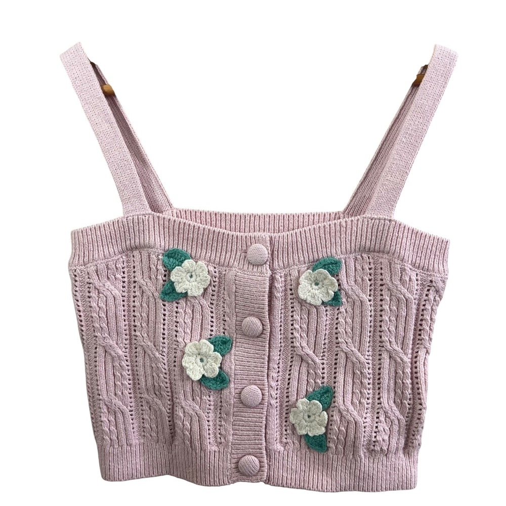 Florence by Mills Pink Floral Crochet Knit Crop Top XL Cottagecore Coquette